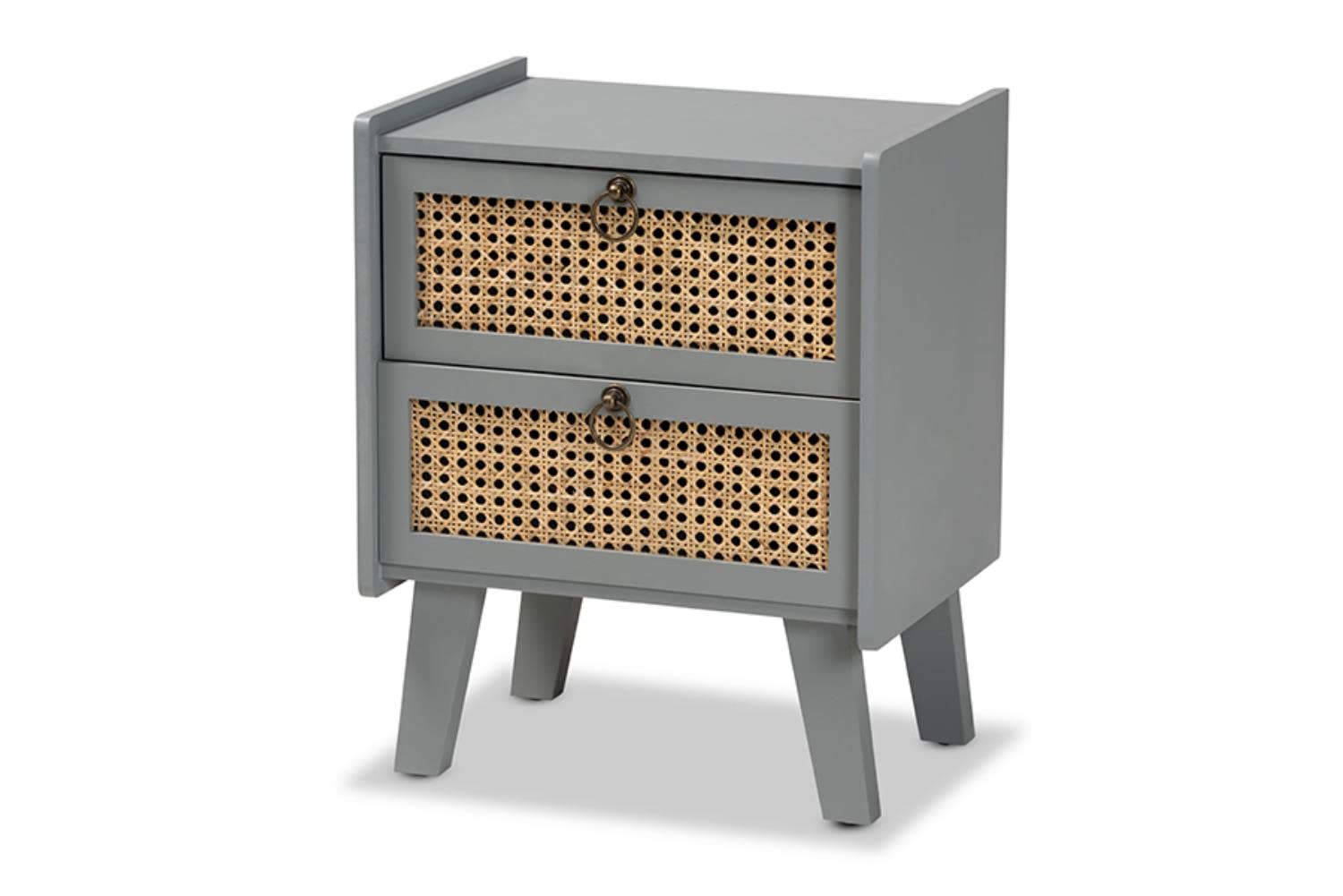 Baxton Studio Waller Mid-Century Modern Natural Rattan and Grey Finished Wood 2-Drawer Nightstand
