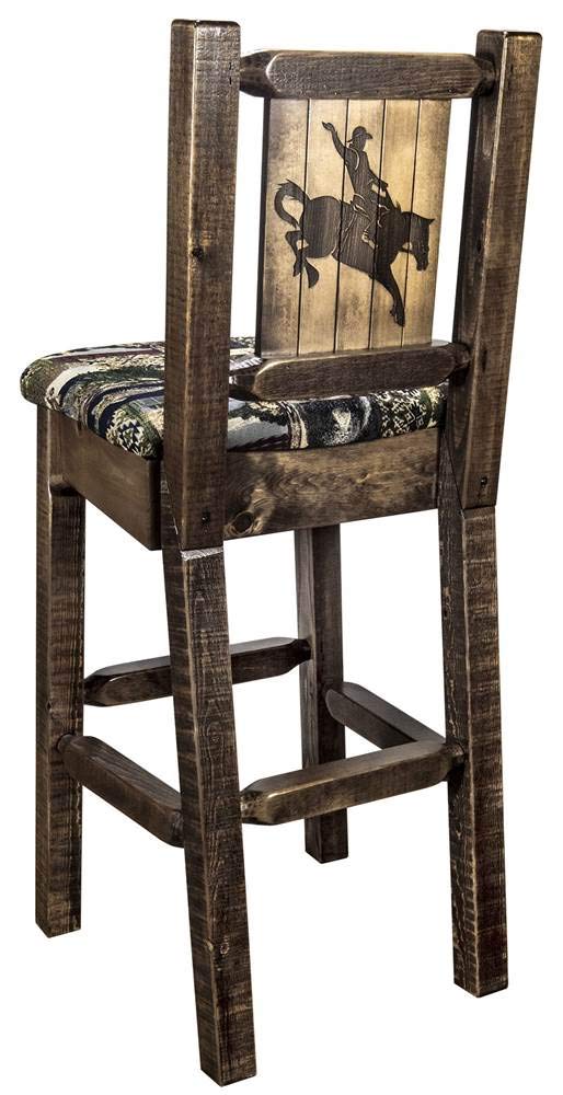 Montana Woodworks Homestead Collection Counter Height Barstool with Upholstered Seat, Woodland Pattern, Laser Engraved Bronc Design, Stained & Lacquered