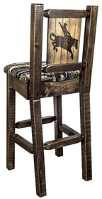 Montana Woodworks Homestead Collection Counter Height Barstool with Upholstered Seat, Woodland Pattern, Laser Engraved Bronc Design, Stained & Lacquered