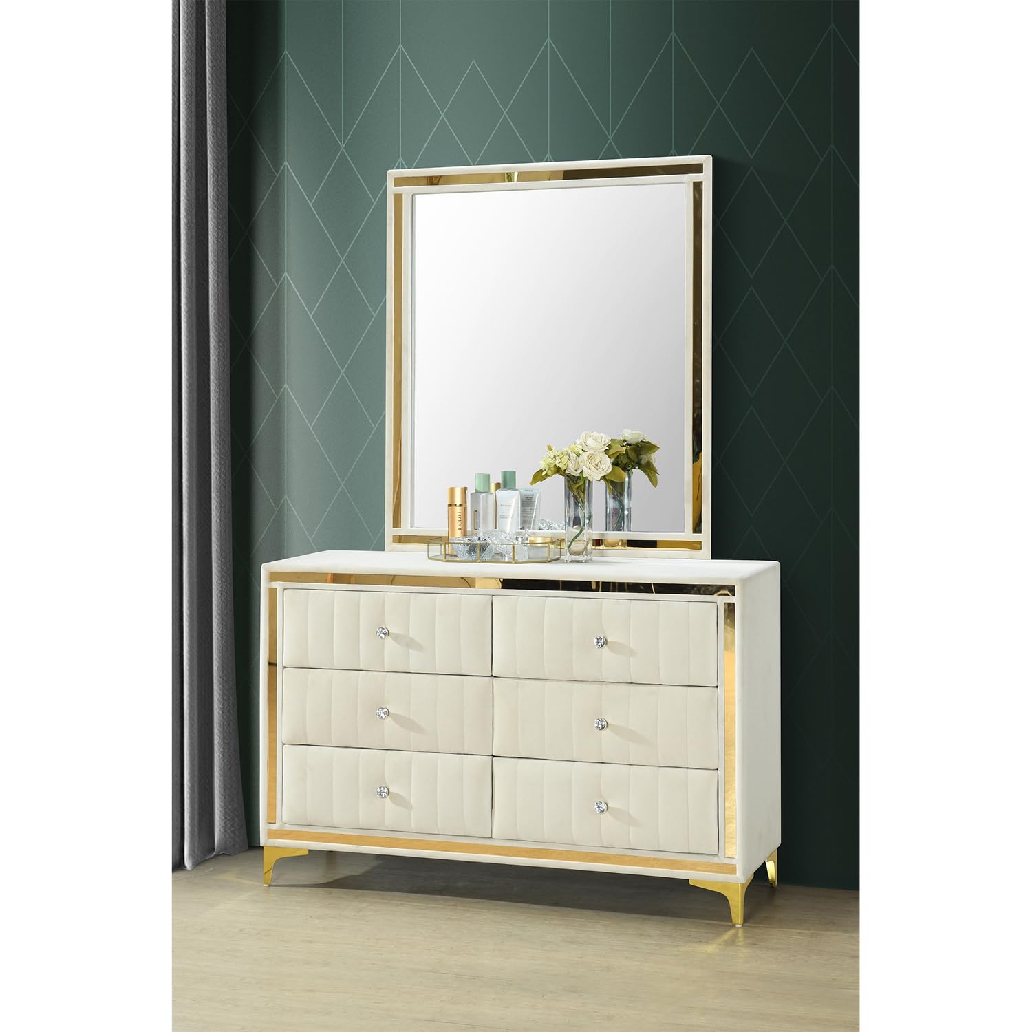 Better Home Products Velvet 6 Drawer Dresser With Gold Legs And Trim ? Fully -Assembled And Ready To Use (With Mirror, Cream)