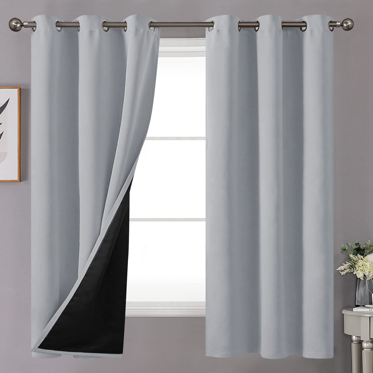 Youngstex Light Grey 100% Blackout Curtains For Bedroom, Grommet Full Room Darkening Drapes With Thermal Insulated Liner For Liv