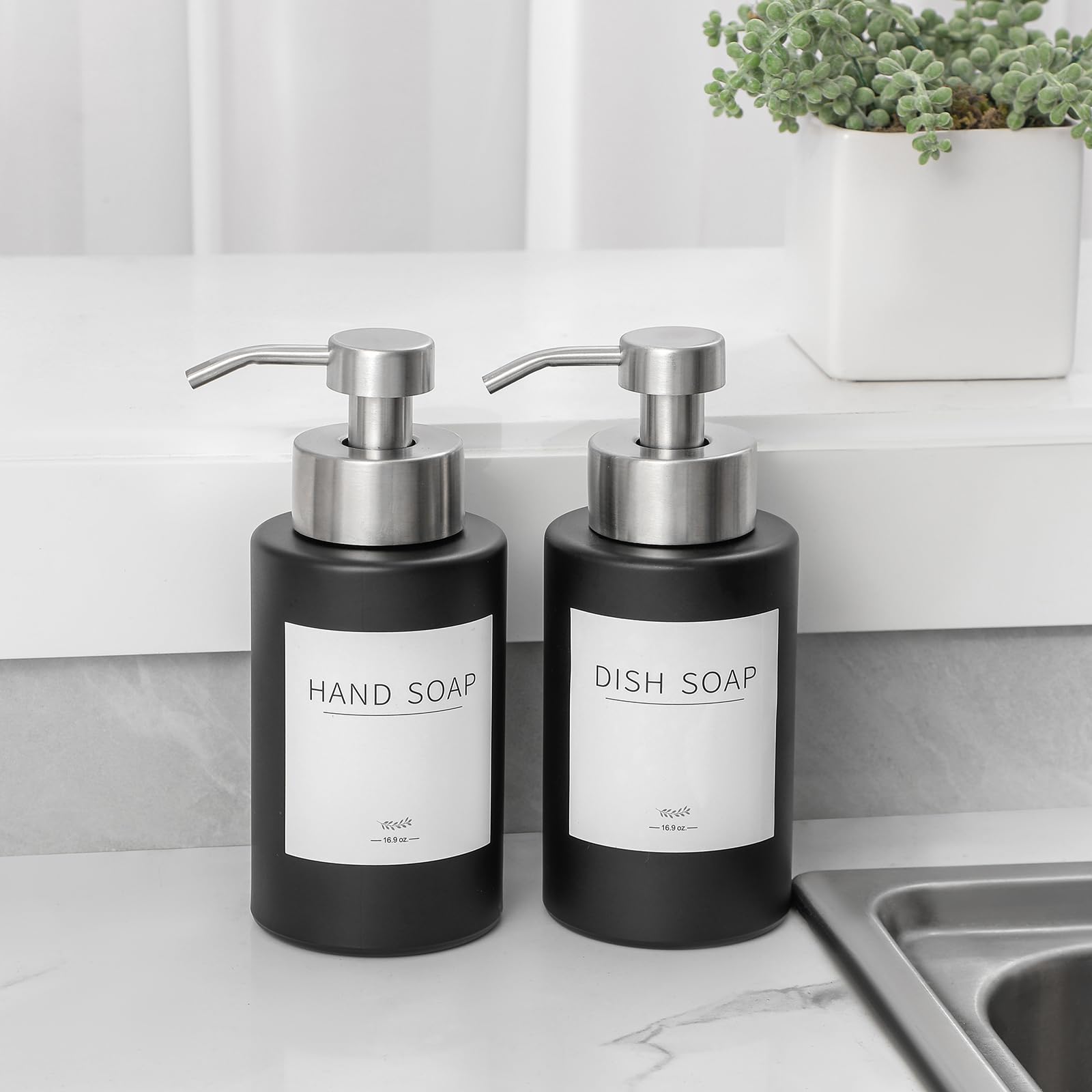 Foaming Soap Dispenser Set, 12 Oz Glass Hand Soap Dispenser With 304 Rust Proof Stainless Steel Pump, Waterproof Labels, For Bat