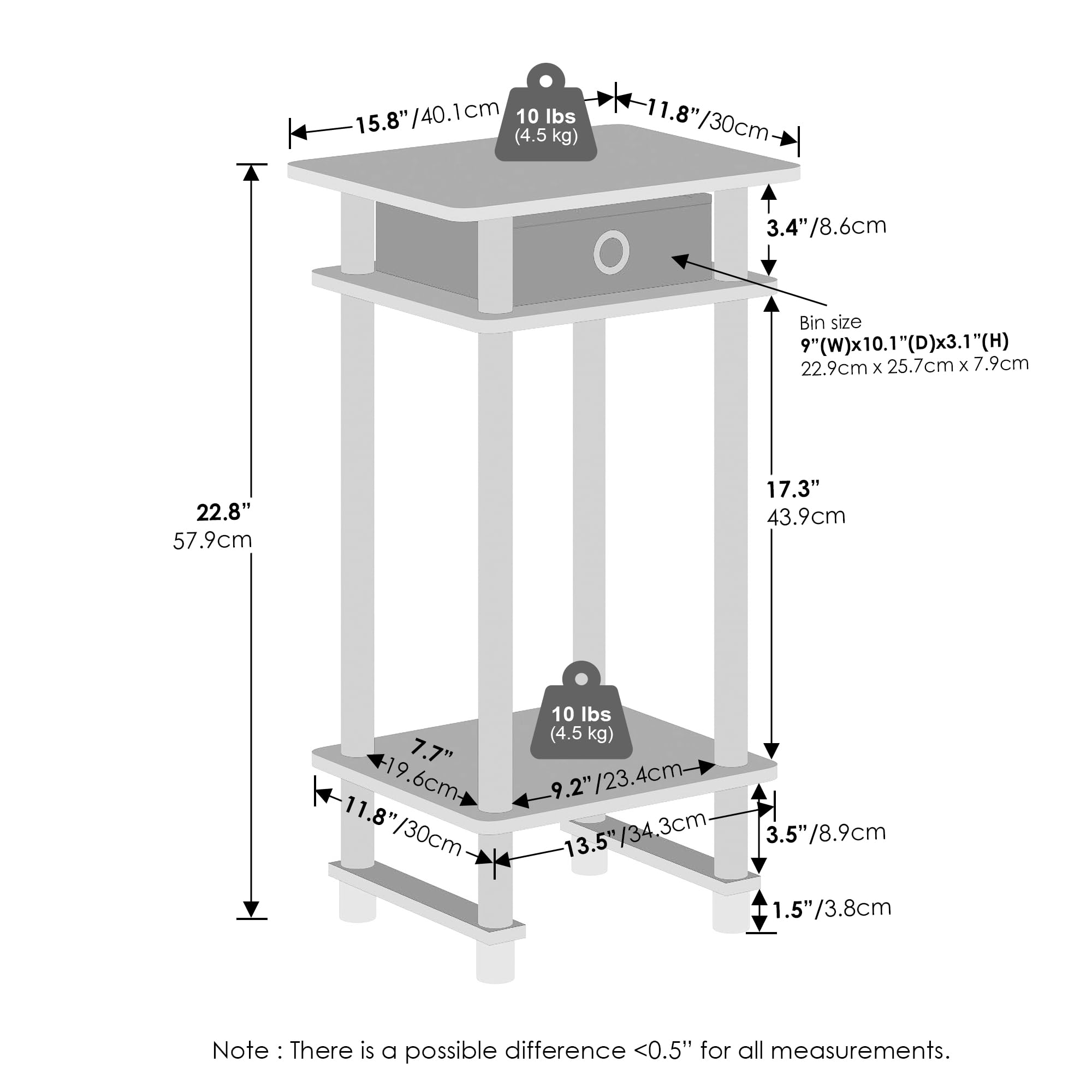 Furinno Turn-N-Tube Tall Nightstand With Bin, 1-Pack, Plastic Poles, Espresso/Brown