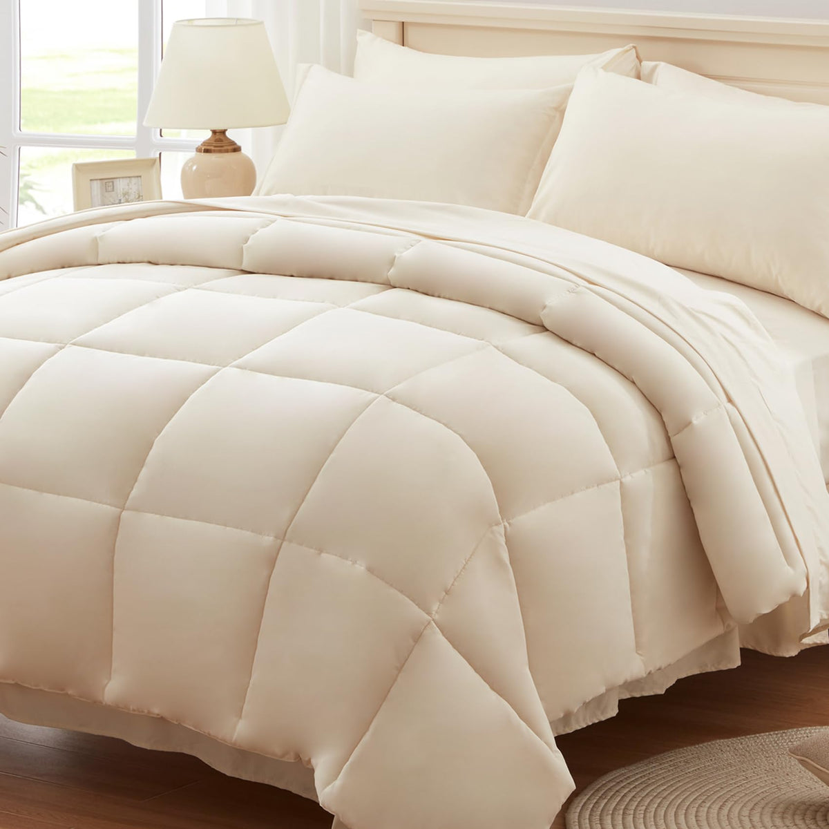 Anluoer King Size Bed In A Bag 7 Pieces, Beige Bed Comforter Set With Comforter And Sheets, All Season Bedding Sets With 1 Comfo