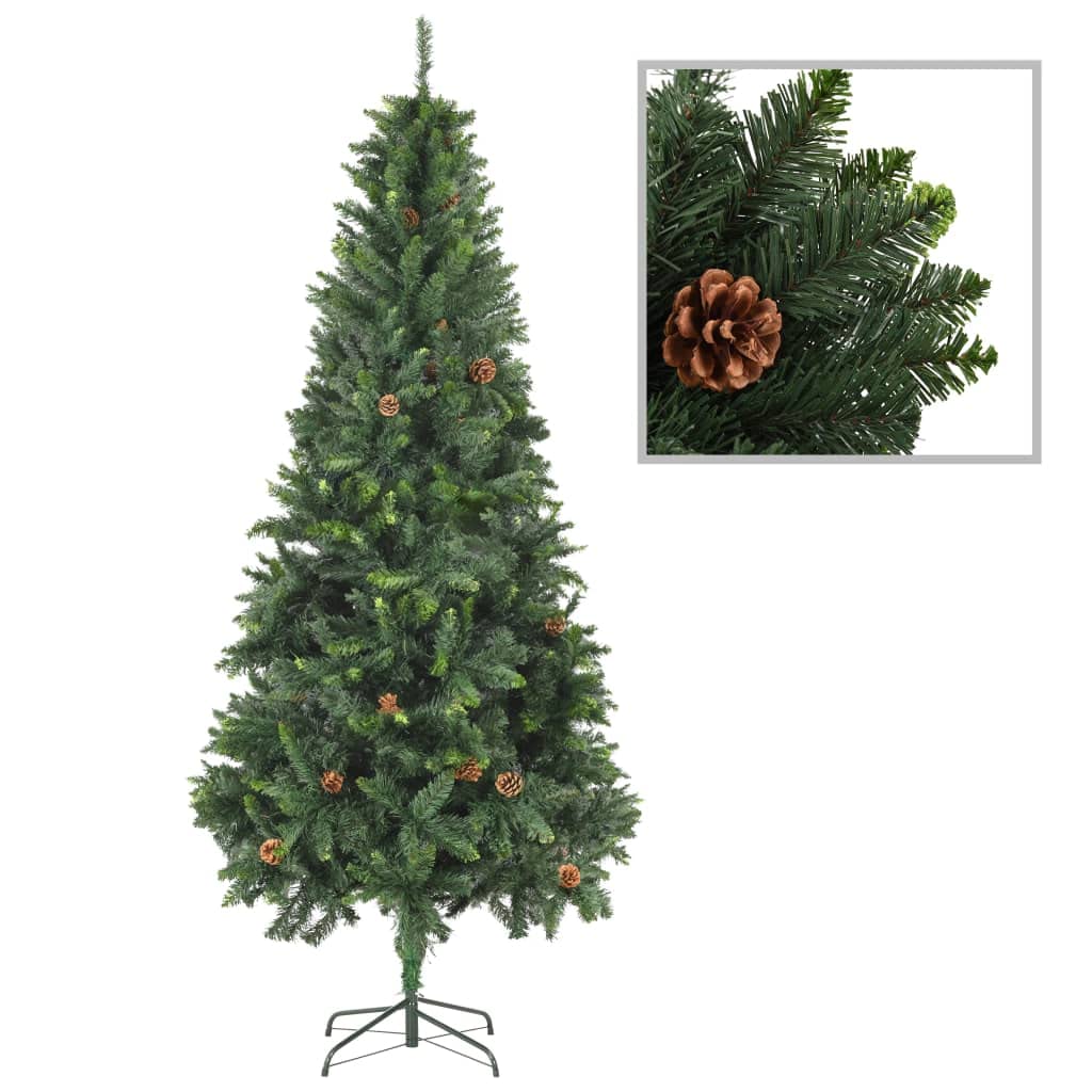 vidaXL 7 ft Artificial Christmas Tree with Pine Cones and White Glitter - Lifelike Green and White Xmas Tree for Holiday Decor, PVC and Iron Material