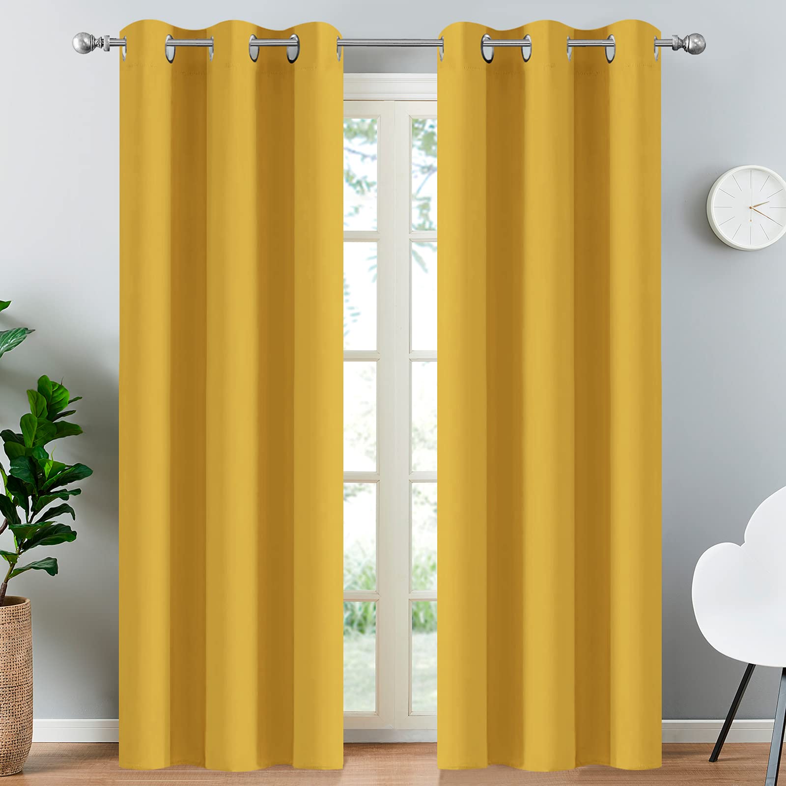 Yakamok Blackout Curtains Room Darkening Thermal Insulated Window Panels,Solid Grommet Top Drapes For Bedroom(38X84 Inch, Mustar