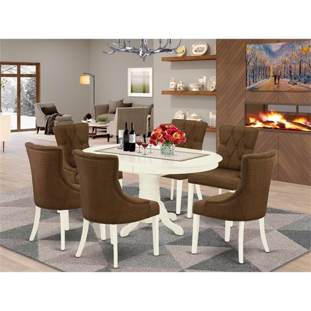 East West Furniture Avfr7-Lwh-18 7 Piece Dining Table Set Consist Of An Oval Dining Room Table With Butterfly Leaf And 6 Brown Linen Linen Fabric Parsons Chairs, 42X60 Inch, Linen White
