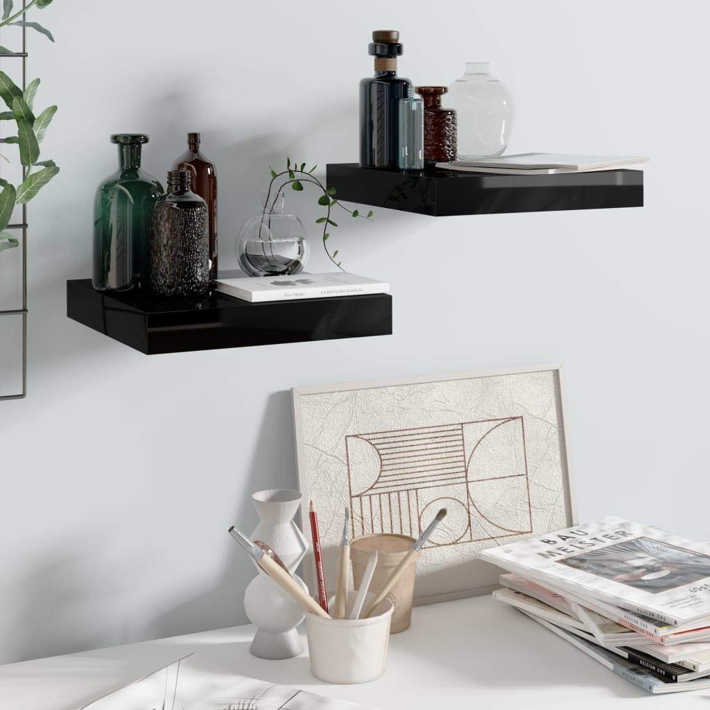 vidaXL Floating Wall Shelves 2 pcs - High Gloss Black, Modern Look, 9.1&quot;x9.3&quot;x1.5&quot; MDF, Perfect for Book Display and Home Decor