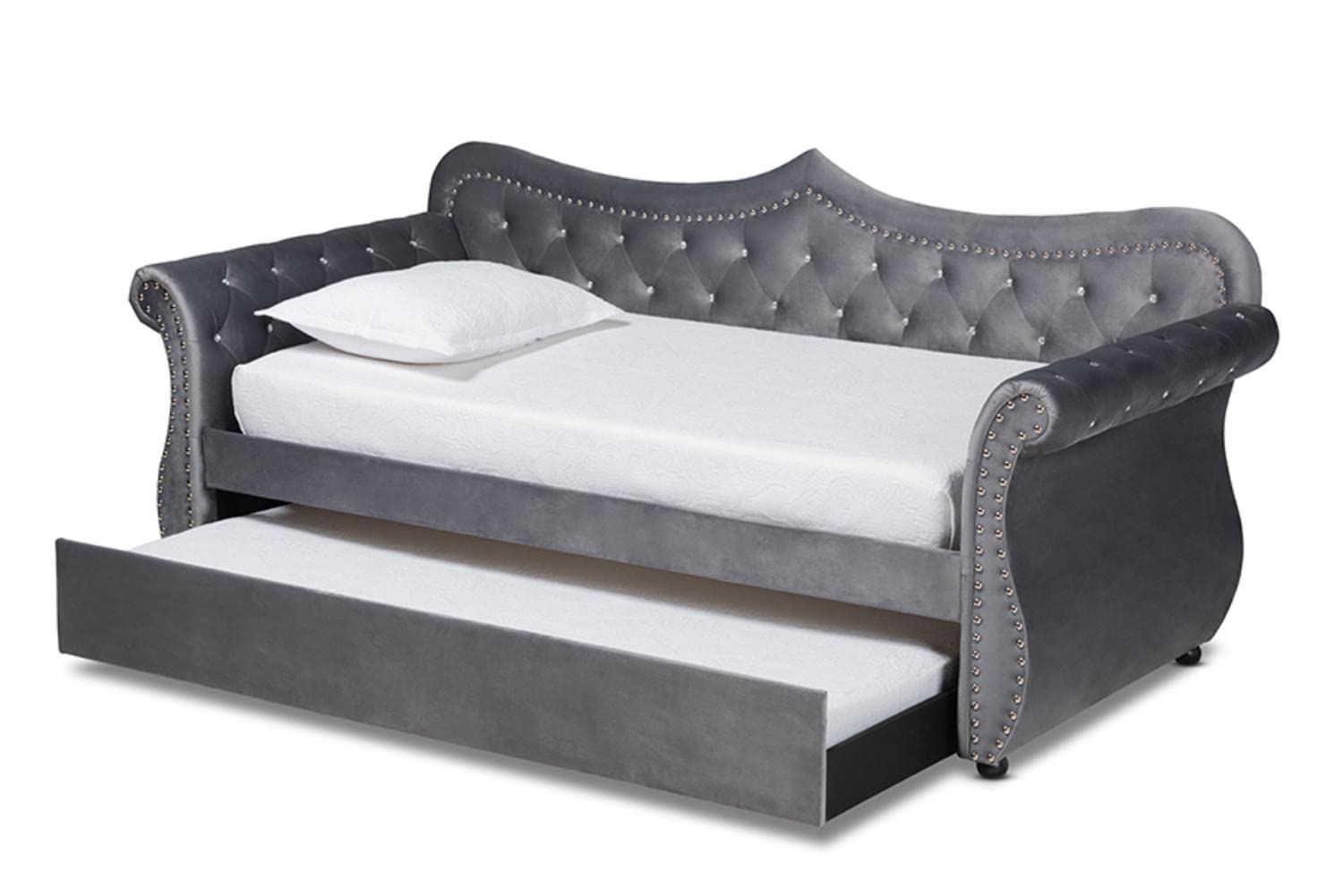 Baxton Studio Abbie Traditional and Transitional Grey Velvet Fabric Upholstered and Crystal Tufted Twin Size Daybed with Trundle