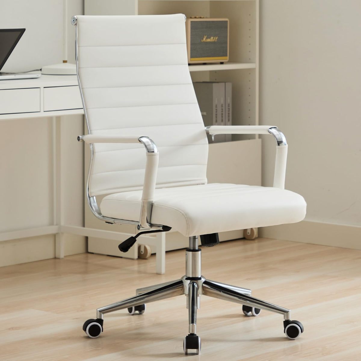 Boiskom Office Desk Chair Leather, Conference Room Chairs With Wheels, Executive Modern Ergonomic Ribbed Computer Chair(White)