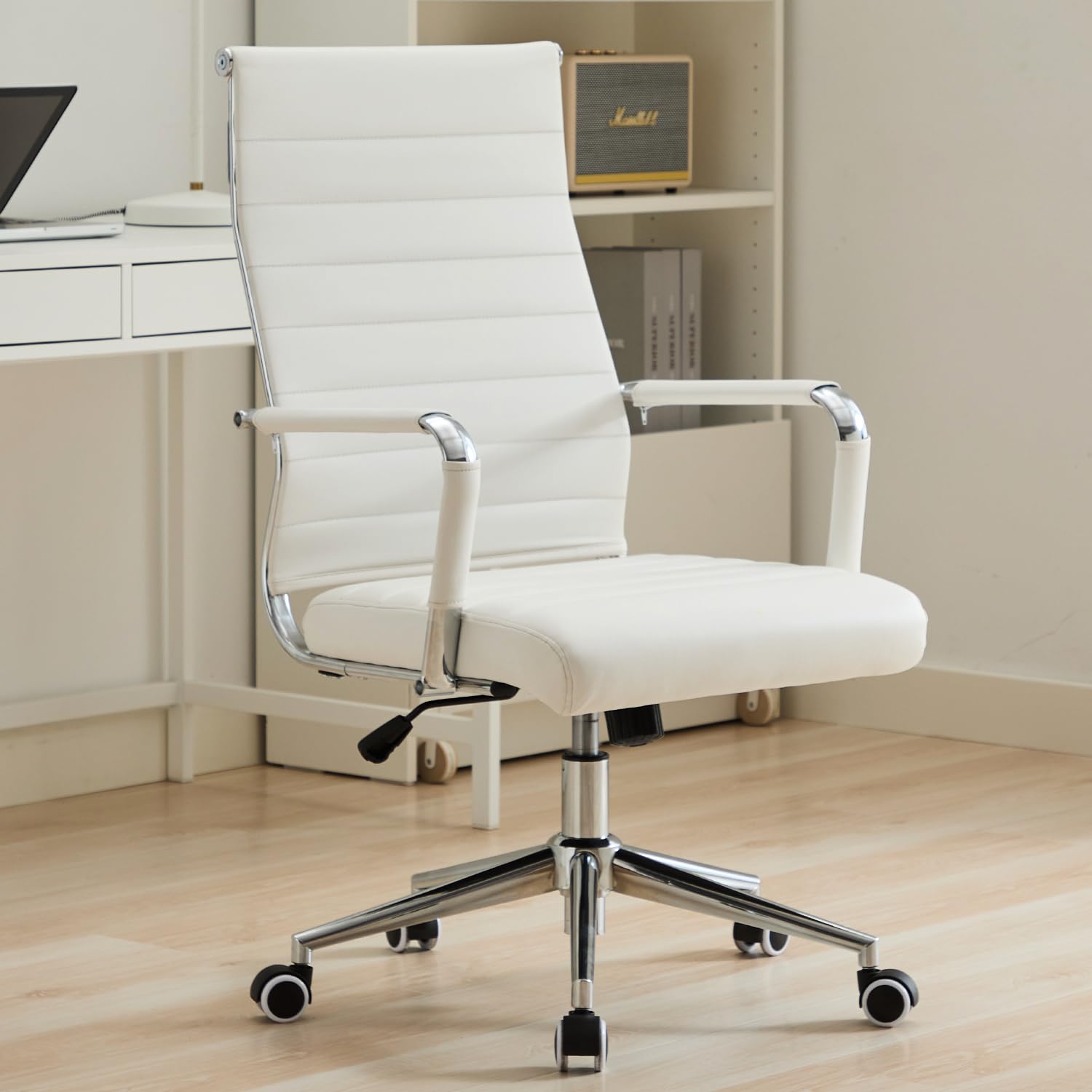 Boiskom Office Desk Chair Leather, Conference Room Chairs With Wheels, Executive Modern Ergonomic Ribbed Computer Chair(White)