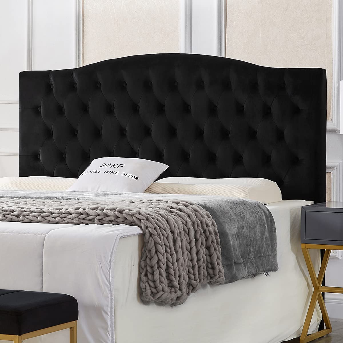24KF Velvet Upholstered Tufted Button Headboard and Comfortable Fashional Padded Queen/Full Size headboard-Black