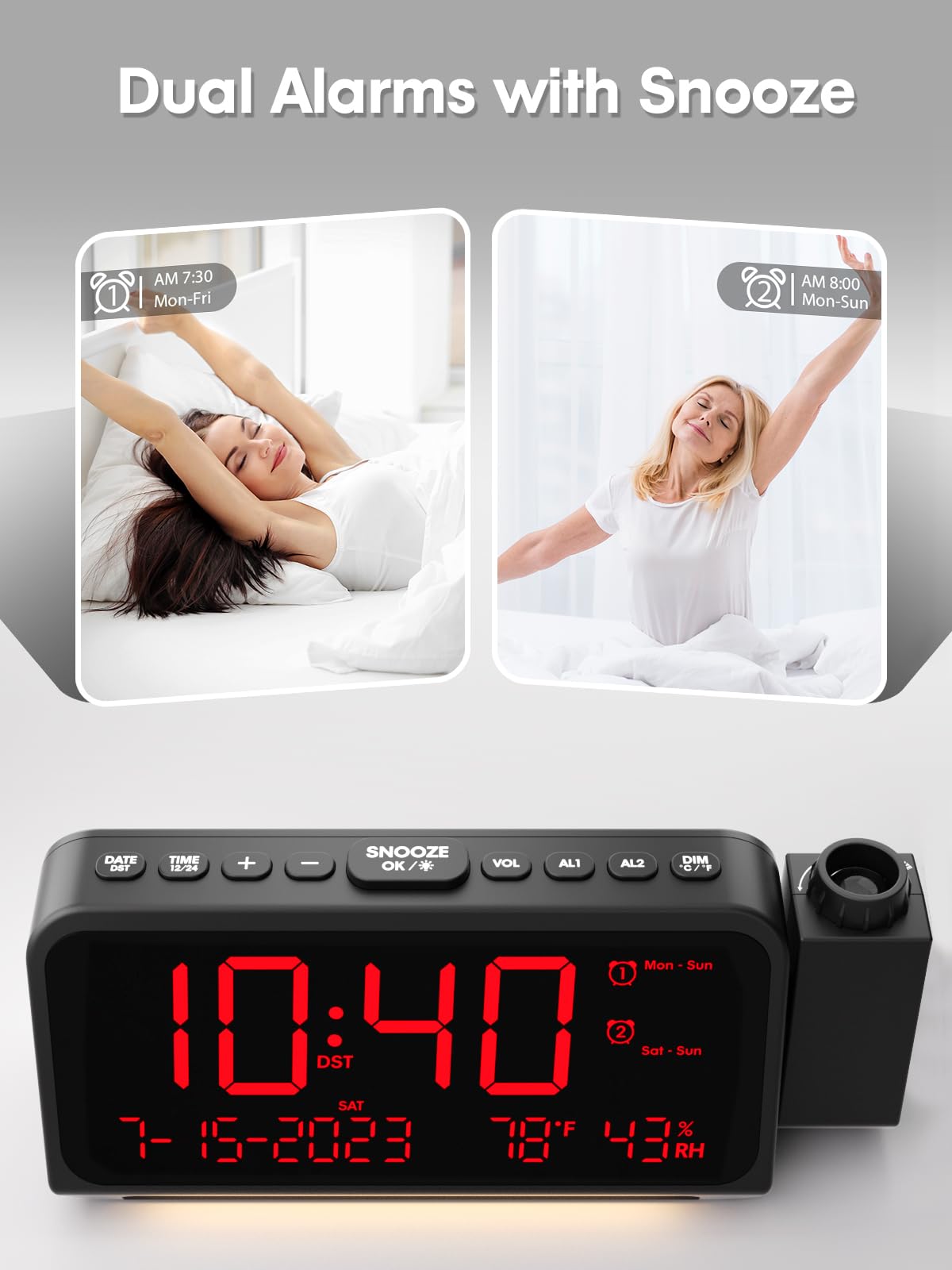 ROCAM 180° Projection Clock, Digital Alarm Clock with USB Ports, 5-Level Dimmer, Snooze, Date & Temp, Red, 7.87x2.36x3.