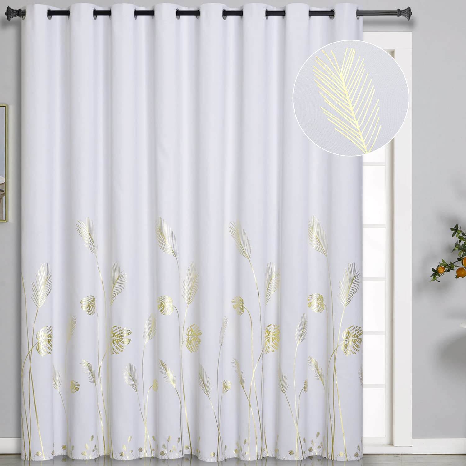 Estelar Textiler Greyish White Extra Wide Curtain For Sliding Door,Gold Palm Tree Pattern Room Darkening Curtain,Thermal Insulat
