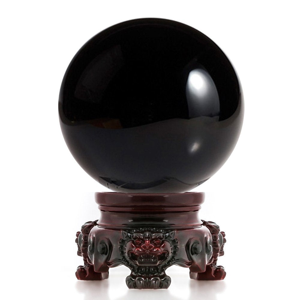 Amlong Crystal 3 inch (80mm) Black Crystal Ball with Redwood Lion Resin Stand and Gift Box for Decorative Ball, Lensball Photogr