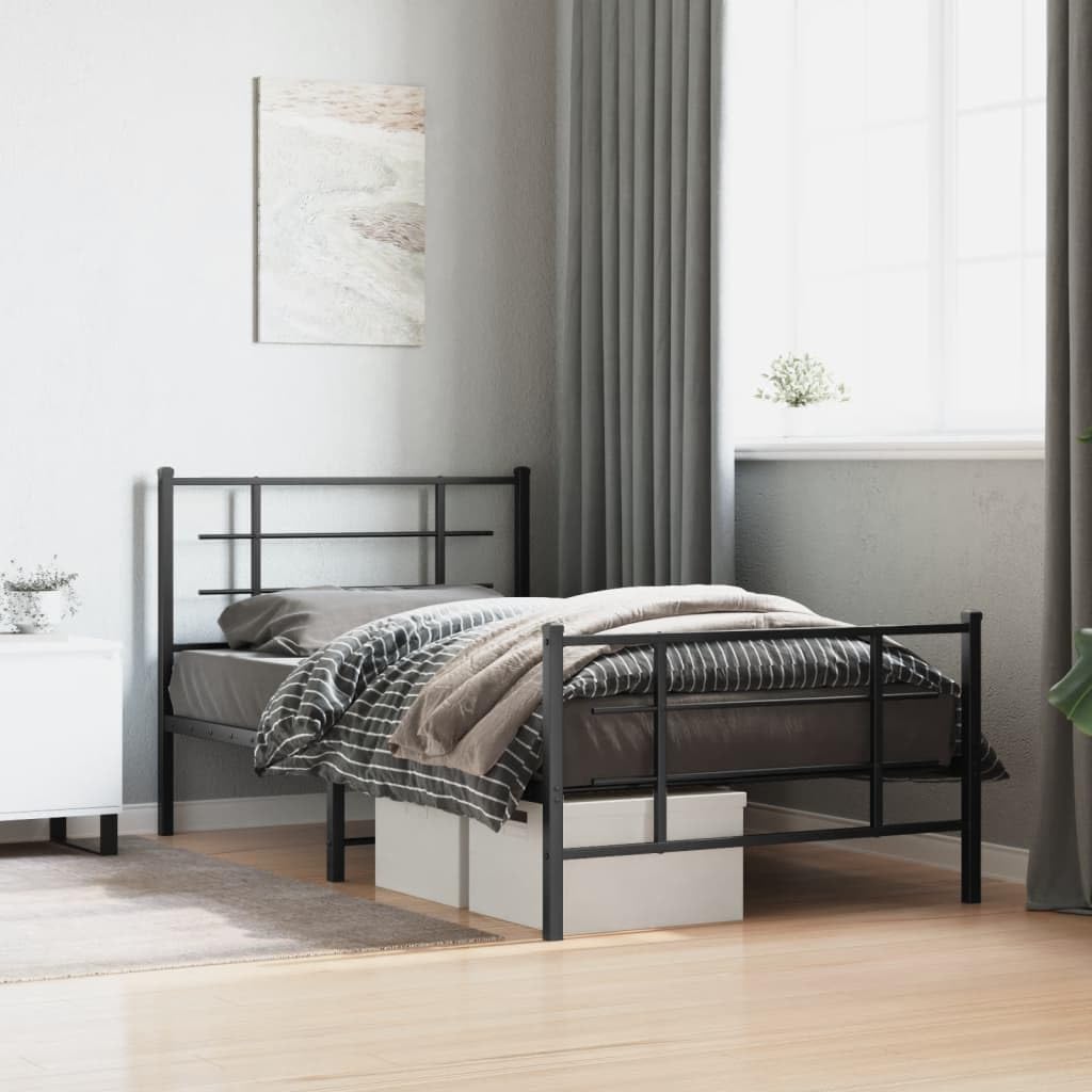 vidaXL Metal Single Bed Frame - Black Steel with Headboard/Footboard, Breathable Support Slats, Under-Bed Storage | 39.4"x78.7" Dimensions