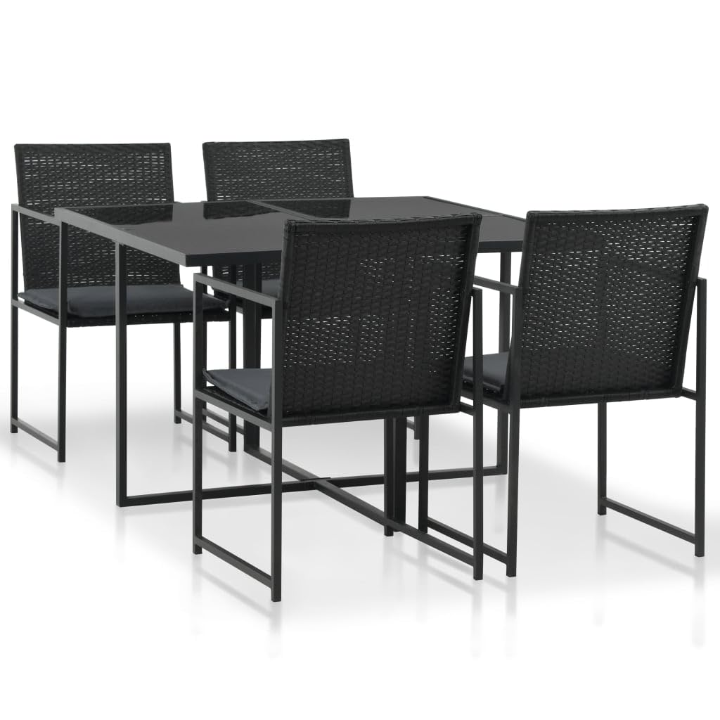 vidaXL Patio Dining Set 5 Piece, Patio Dining Table Set with Glass Tabletop, Rattan Chairs with Cushions, Outdoor Furniture Set, Poly Rattan Black