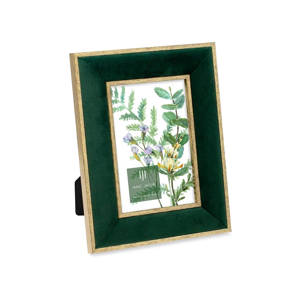 Isaac Jacobs 4x6 Green Velvet Picture Frame with Metallic Gold Double Border, Photo Frame, Horizontal & Vertical, Made for Table