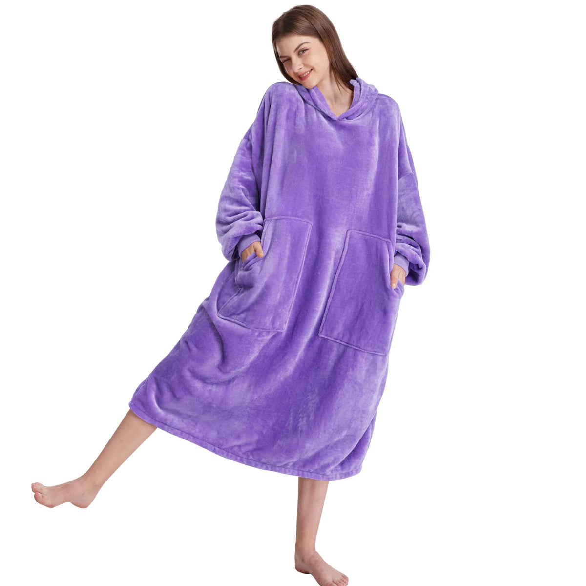 Kipswiza Oversize Wearable Blanket Flannel Super Soft Long Hoodie Blanket For Women Girls - Light Purple