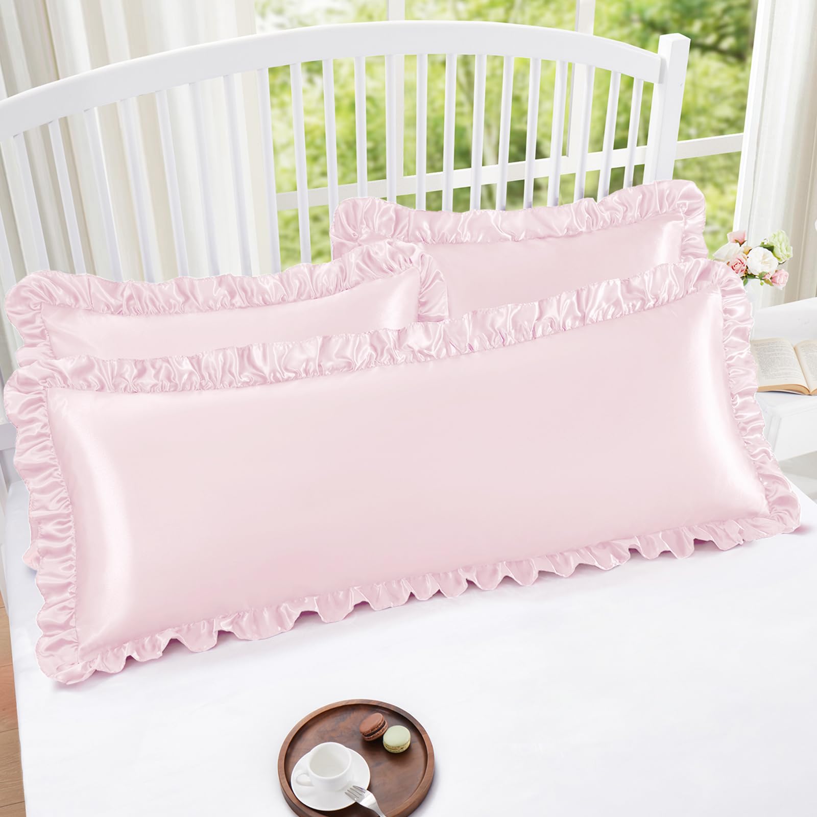 Homiest Ruffle Satin Body Pillow Cover, Silky Satin Body Pillowcase With Envelope Closure, Luxury & Ultra Soft Body Size Pillow
