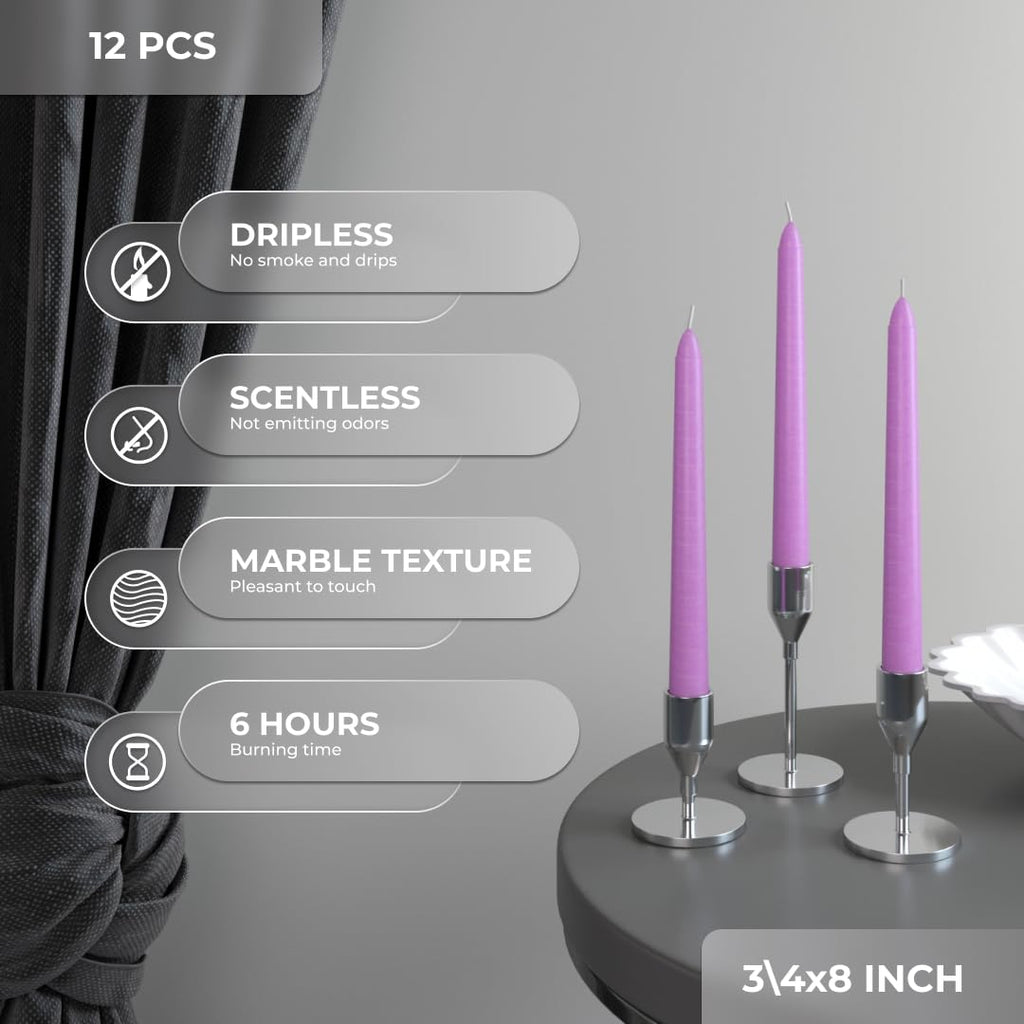 Candwax 8 Inch Taper Candles Set Of 12 - Dinner Candles Dripless - Tall Candles Long Burning Perfect For Dinner, Party Or Weddin