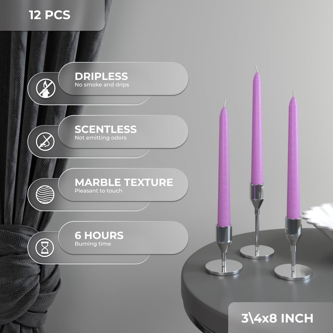 Candwax 8 Inch Taper Candles Set Of 12 - Dinner Candles Dripless - Tall Candles Long Burning Perfect For Dinner, Party Or Weddin