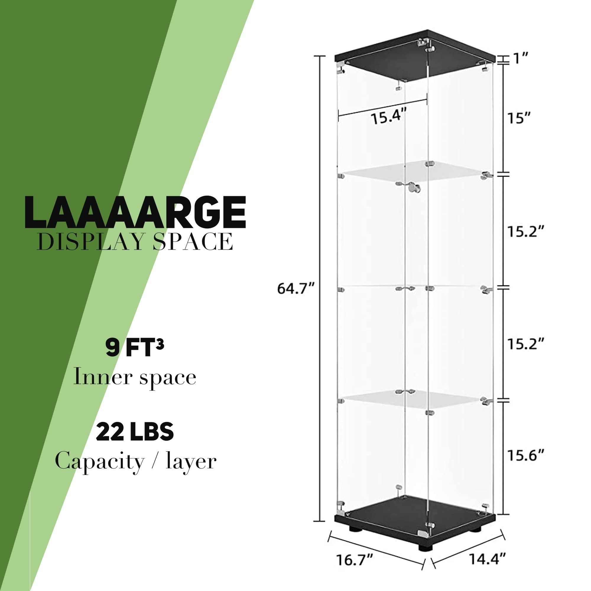 Beauty4U Glass Display Cabinet With 4 Shelves, Curio Cabinets For Living Room, Bedroom, Office, Black Floor Standing Glass Bookshelf, Quick Installation