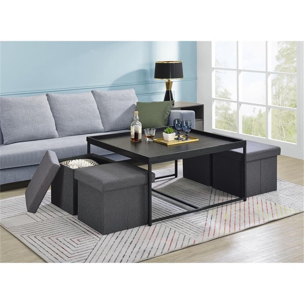 Lilola Home Vinny Black Wood Grain 5 Piece Coffee Table Set with Raised Edges