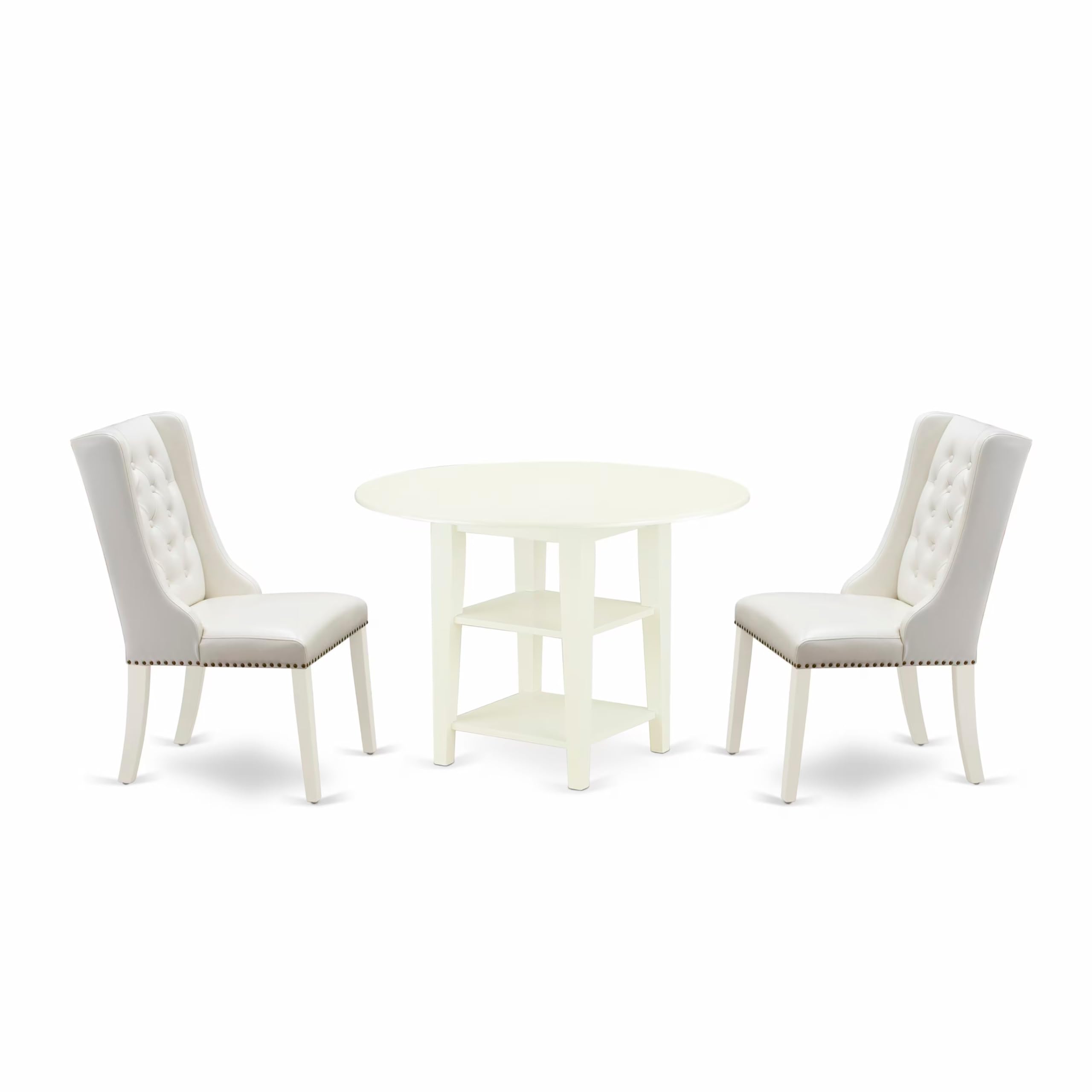 East West Furniture SUFO3-LWH-44 3 Piece Small Dinette Set Contains a Round Dining Table with Dropleaf & Shelves and 2 Light Grey Faux Leather Parsons Chairs, 42x42 Inch, Linen White