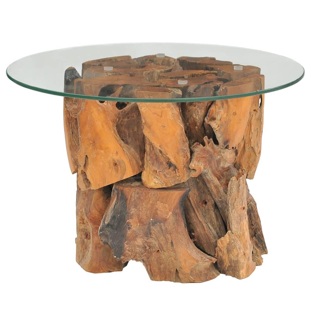 vidaXL Handmade Coffee Table with Solid Teak Driftwood Base and Tempered Glass Top - 23.6" Round Side Table Perfect for Living Room