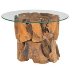vidaXL Handmade Coffee Table with Solid Teak Driftwood Base and Tempered Glass Top - 23.6" Round Side Table Perfect for Living Room