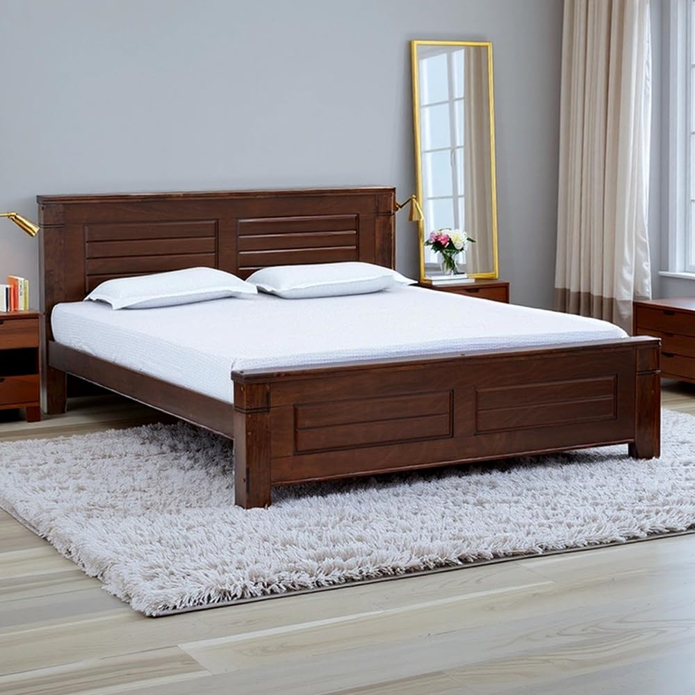 Royaloak Ipoh Malaysian Wooden King Size Bed | Solid Wood | Solid Wood Veneer Finish | Groove Design | Strong Bed Base | Thick P