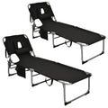 Gymax Tanning Chair, Folding Beach Lounger With Face Arm Hole, Adjustable Backrest, Side Pocket, Pillow & Carry Handle, Outside Sunbathing Lounge Chair For Patio, Poolside, Lawn (2, Black)