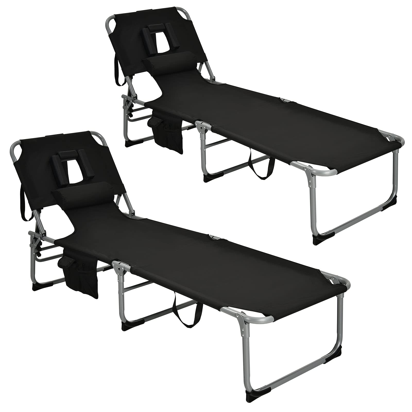 Gymax Tanning Chair, Folding Beach Lounger With Face Arm Hole, Adjustable Backrest, Side Pocket, Pillow & Carry Handle, Outside Sunbathing Lounge Chair For Patio, Poolside, Lawn (2, Black)