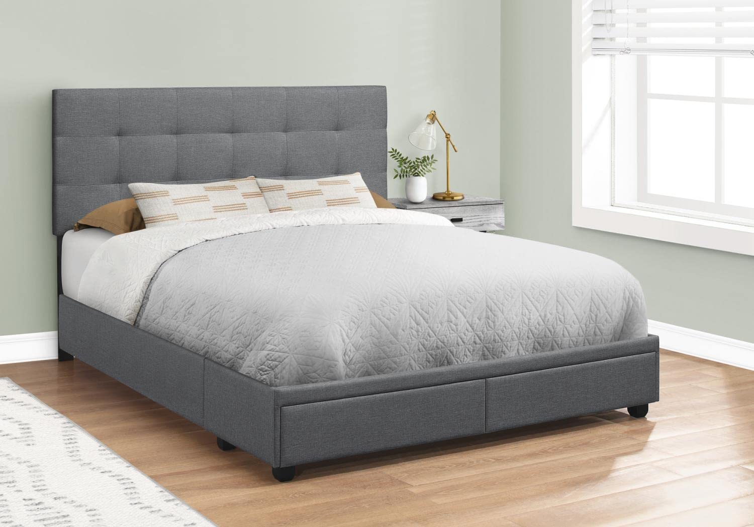 Monarch Specialties I 6022Q Bed, Queen Size, Platform, Bedroom, Frame, Upholstered, Linen Look, Wood Legs, Grey, Transitional