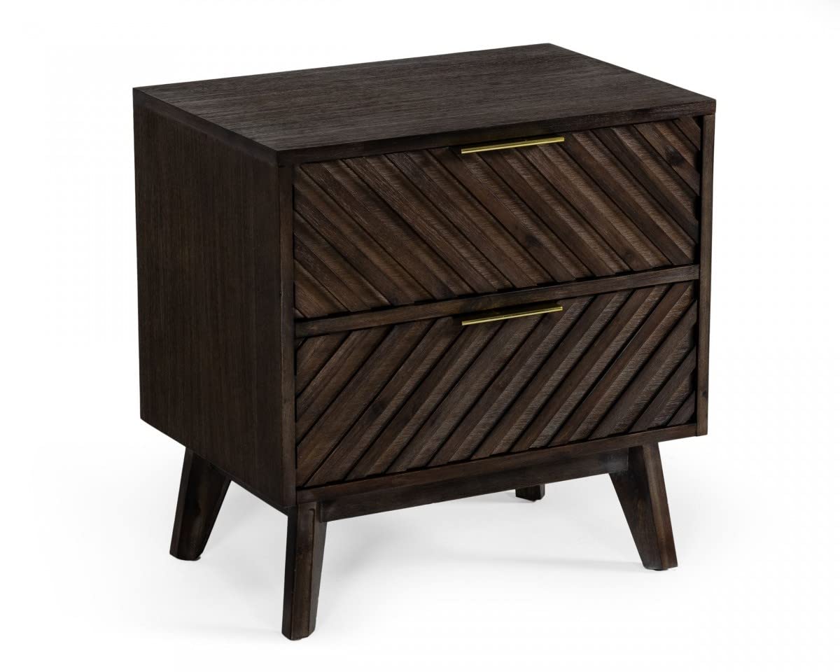 HomeRoots Acacia Veneer, Solid Wood, Steel Classic Chevron Dark Brown Nightstand - Thumbnail 2