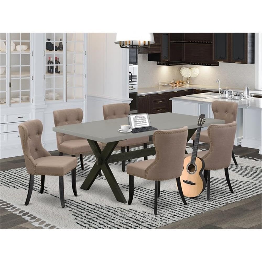 East West Furniture X697Si648-7 7 Piece Dining Set Consist Of A Rectangle Dining Room Table With X-Legs And 6 Coffee Linen Fabric Upholstered Chairs, 40X72 Inch, Multi-Color