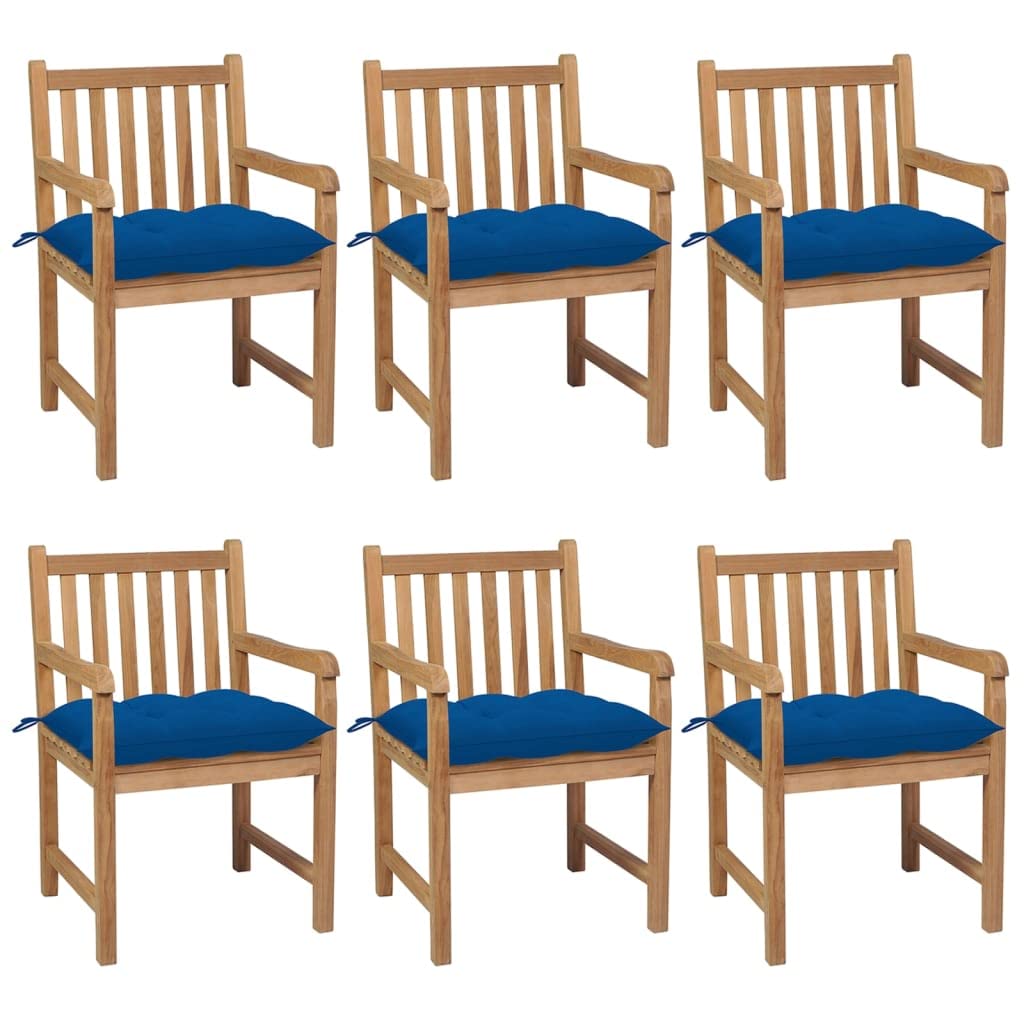 Vidaxl 6X Solid Teak Wood Patio Chairs Garden Outdoor Terrance Backyard Furniture Wooden Armchair Seating Chair Seat With Blue Cushions