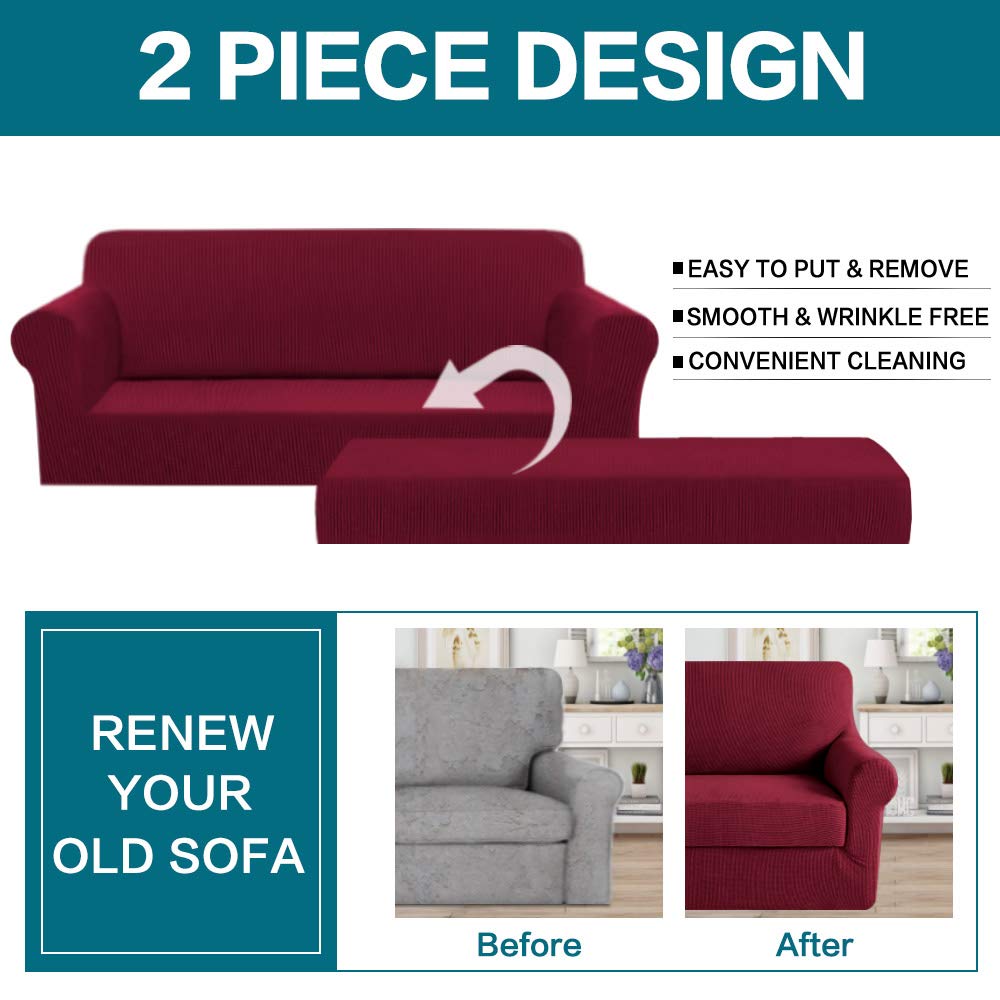 Turquoize Stretch Sofa Slipcover 2 Pieces Sofa Cover Couch Cover For 3 Cushion Couch Washable Furniture Protector Covers With Elastic Bottom Feature Thick Jacquard Fabric (Sofa, Burgundy)