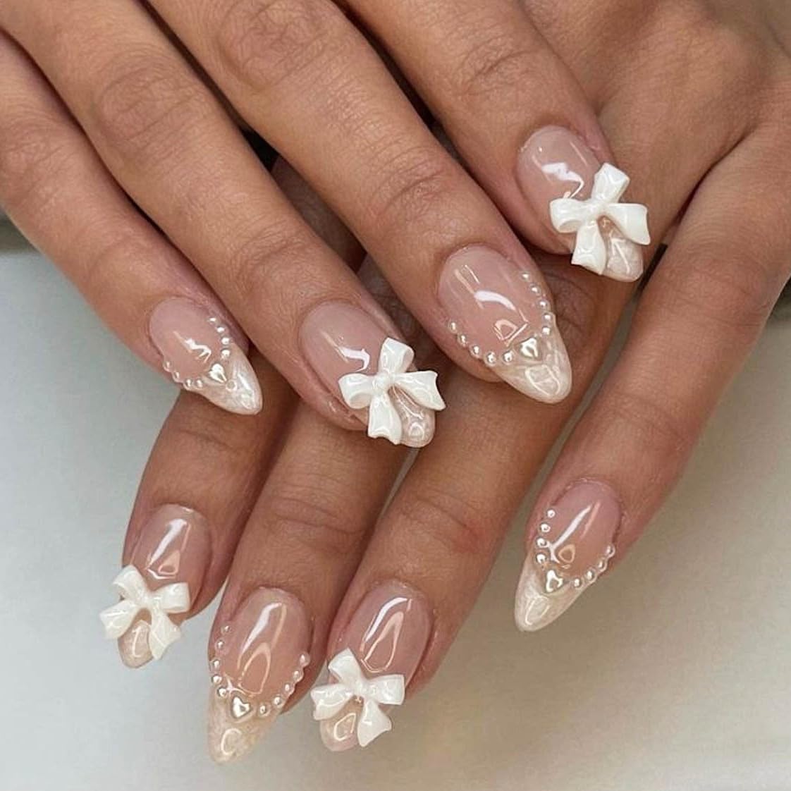 White French Tip Press on Nails Short Almond Nails Press ons 3D Bow False Nails with Cute Heart Designs Glossy Pink Fake Nails S