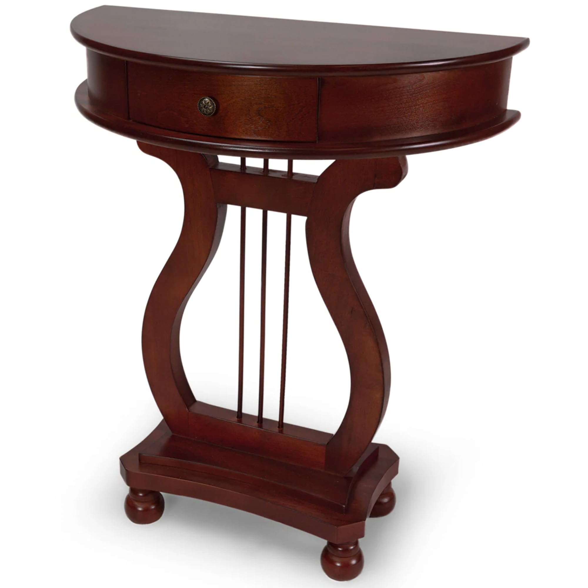 All Things Cedar Classic Accents LY04 Half Moon Harp Table | Elegant Cherry Finish, Solid Wood Legs, Drawer Storage | Entryway Half Circle Table | Cherry Half Moon Entry Table 25x13x30