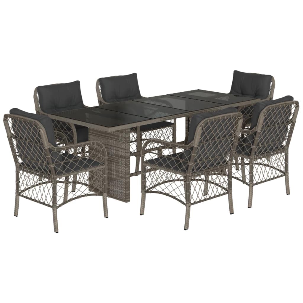 vidaXL 7 Piece Gray Patio Dining Set with Cushions - PE Rattan, Tempered Glass Tabletop, Powder-Coated Steel Frame for Outdoor Garden, Backyard, or Deck