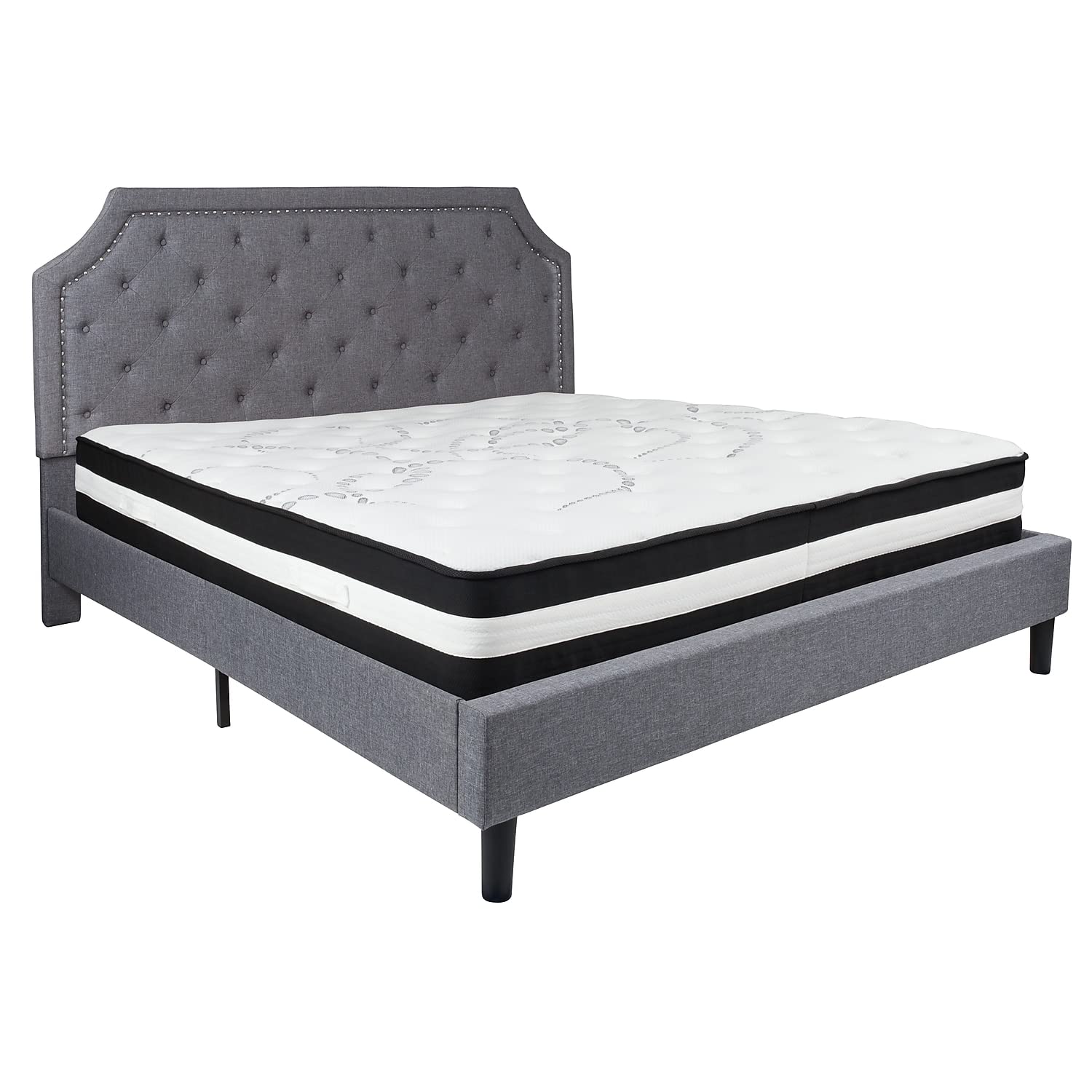 Flash Furniture Brighton King Size Tufted Upholstered Platform Bed In Light Gray Fabric With Pocket Spring Mattress