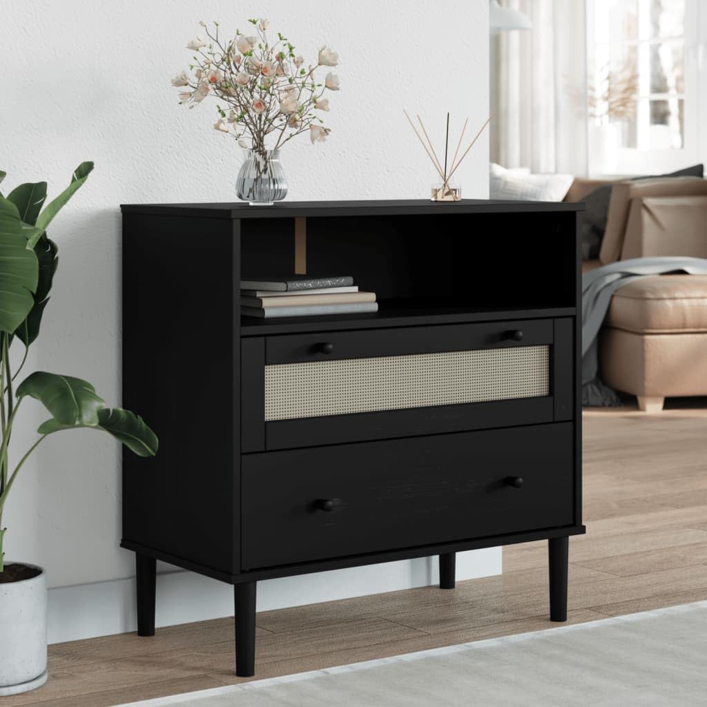 vidaXL SENJA Sideboard - Solid Pine Wood with UV Varnish Finish and Poly Rattan Detail - Rattan Look in Black - Ample Storage with 2 Drawers and 1 Compartment