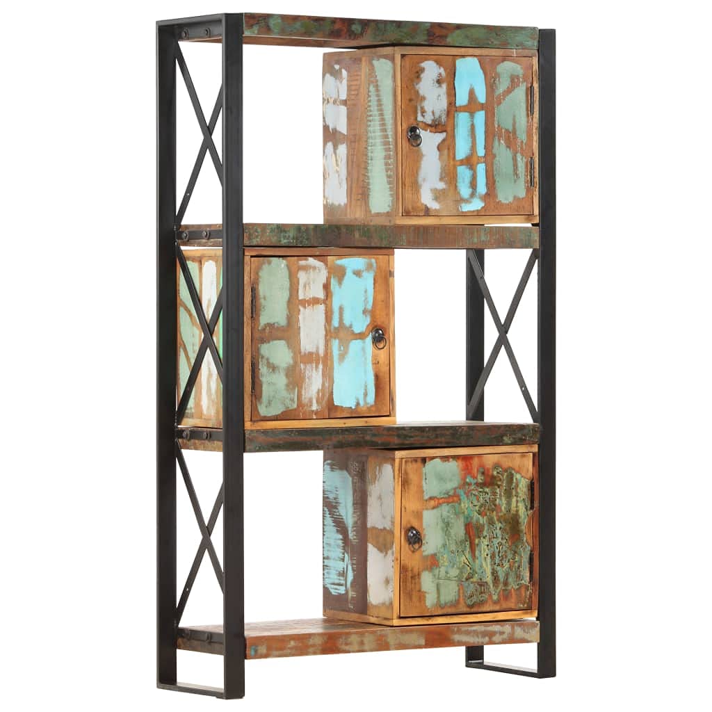 vidaXL Bookshelf with 3 Doors and Open Compartments, Solid Reclaimed Tropical Wood and Steel, Industrial Design, Easy Assembly, Multicolor