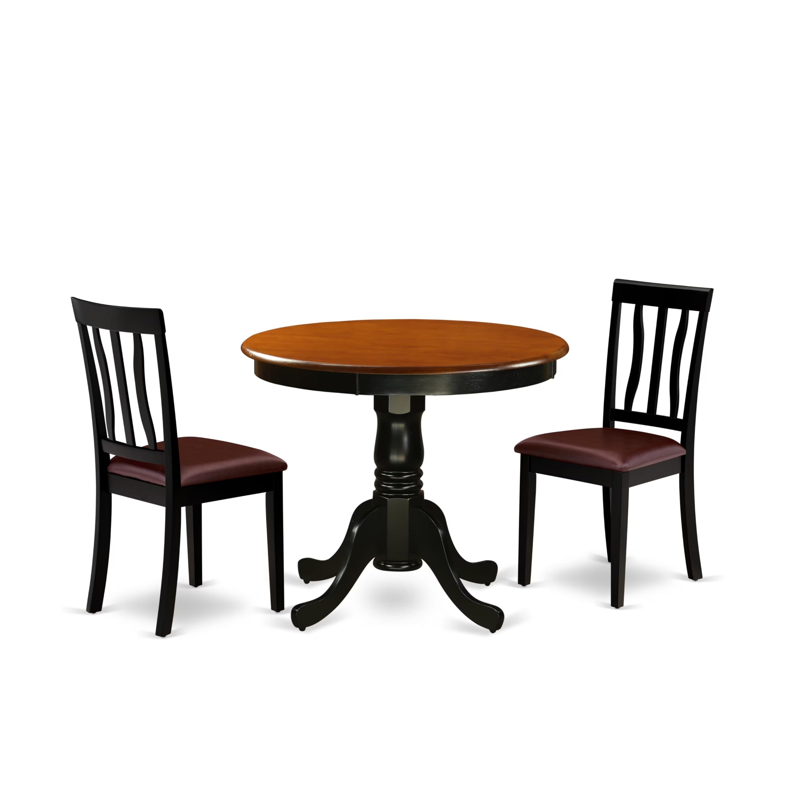 East West Furniture ANTI3-BLK-LC 3 Piece Dining Room Furniture Set Contains a Round Dining Table with Pedestal and 2 Faux Leather Upholstered Chairs, 36x36 Inch, Black & Cherry