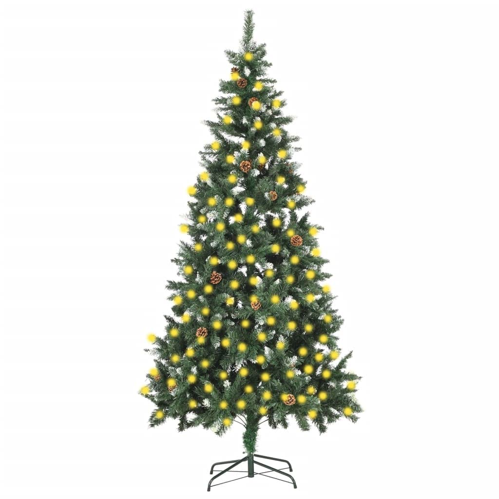 vidaXL Artificial Pre-lit Christmas Tree - 82.7&quot; Green Glitter Pine Tree with Pine Cones and 300 LED Lights, Durable PVC & Iron, USB Powered Xmas Tree Decoration