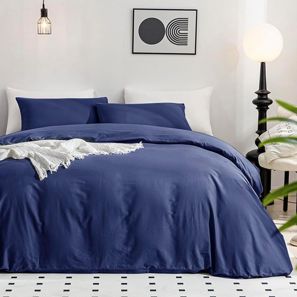 Jellymoni Navy Blue Duvet Cover King Size - 100% Washed Cotton Linen Like Textured Comforter Cover, 3 Pieces Lightweight Soft Be