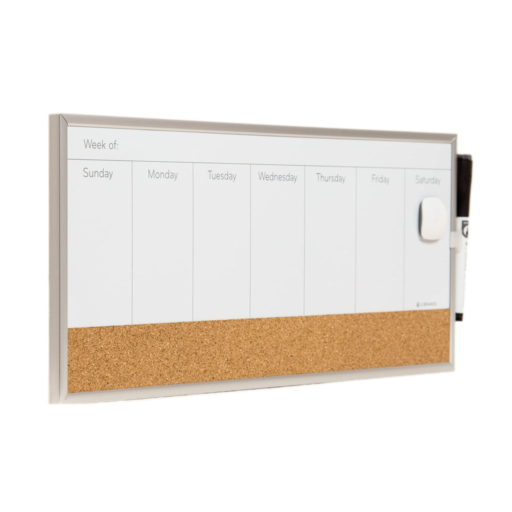 U Brands Magnetic Dry Erase Weekly Calendar Board With Cork Strip, 18'X7.5', Silver Aluminum Frame, Includes Magnet, Marker