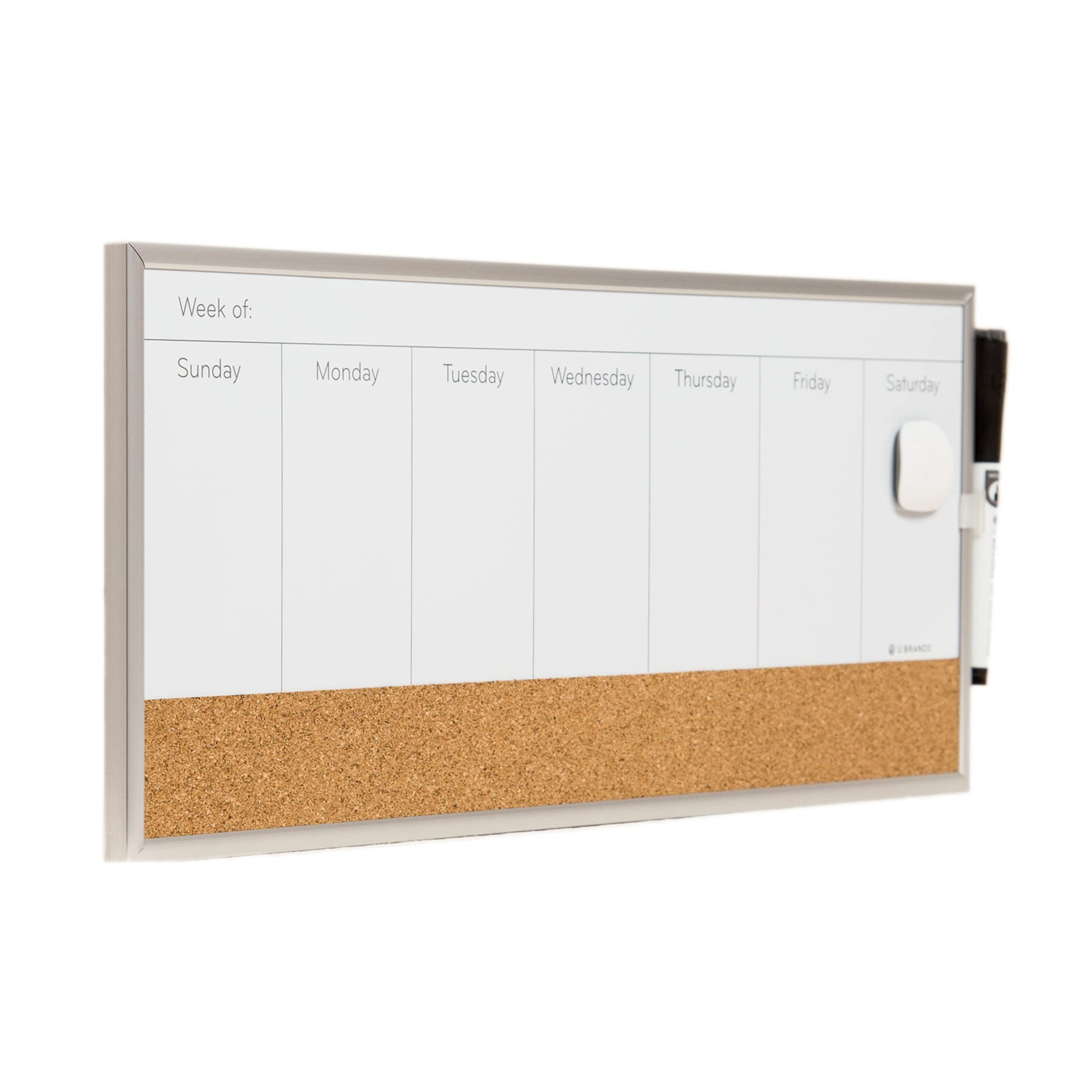 U Brands Magnetic Dry Erase Weekly Calendar Board With Cork Strip, 18'X7.5', Silver Aluminum Frame, Includes Magnet, Marker